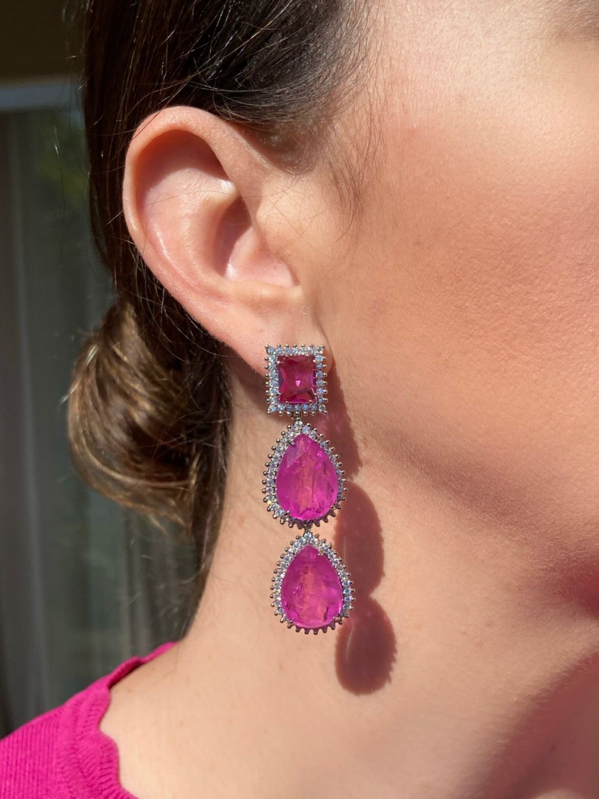 Brinco Pink Três Pedras Ródio Branco