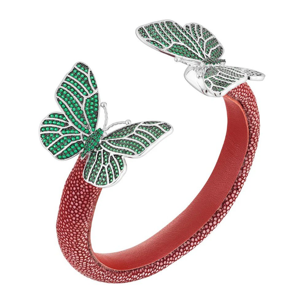 Bracelete Galuchat Marsala e Borboleta Verde