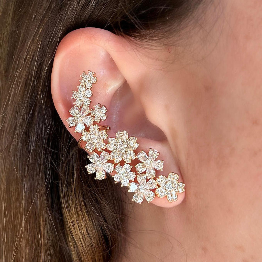 Brinco EarCuff Luxo Flores de Zircônia