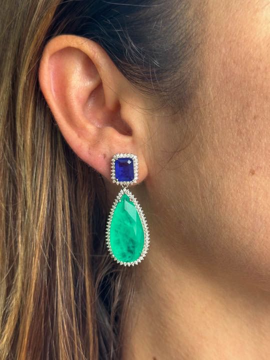 Brinco Luxo Turmalina e Azul Safira Prateado