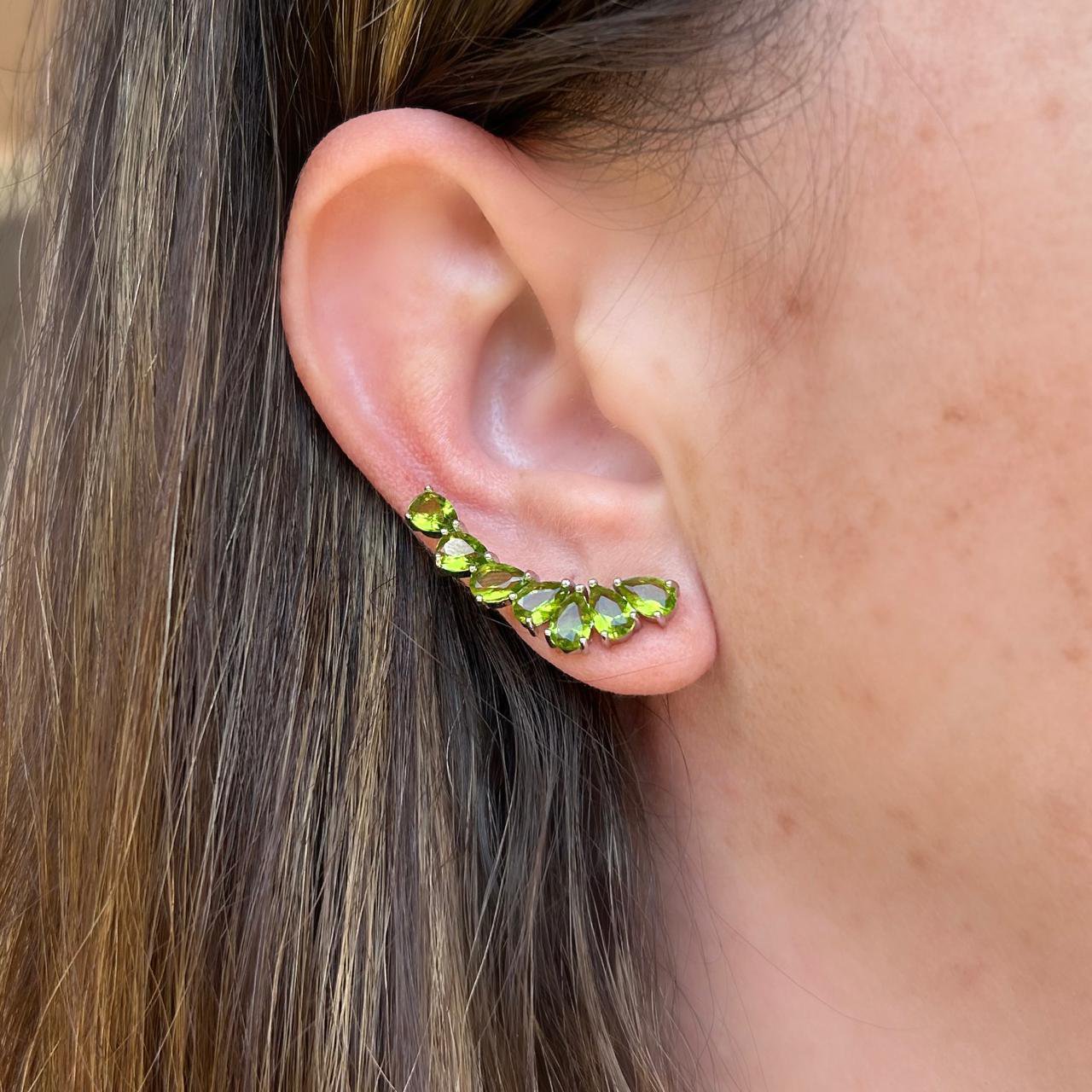 Brinco Earcuff Verde Peridoto Prateado