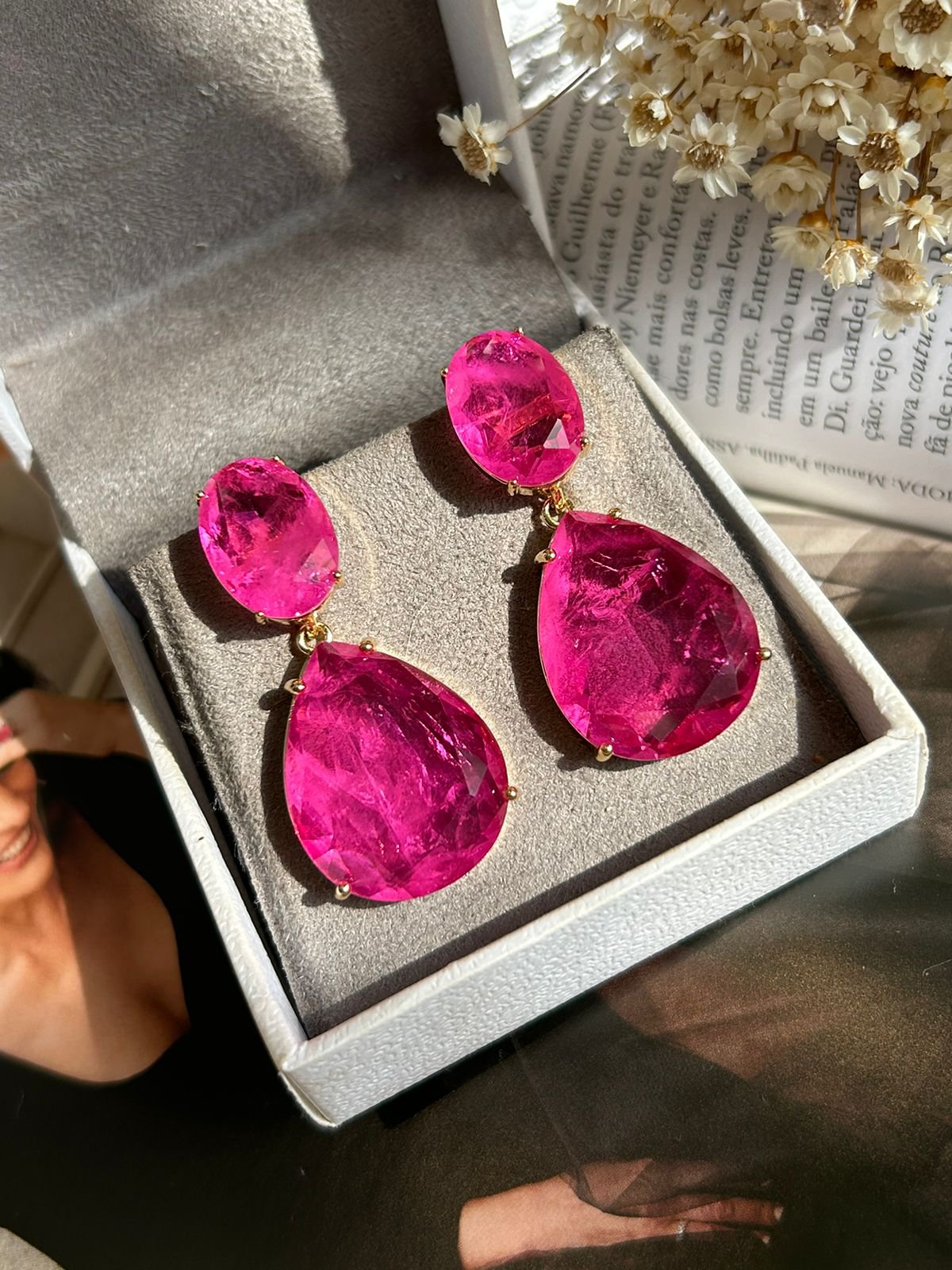 Brinco 2 em 1 Oval e Gota Pink Fusion