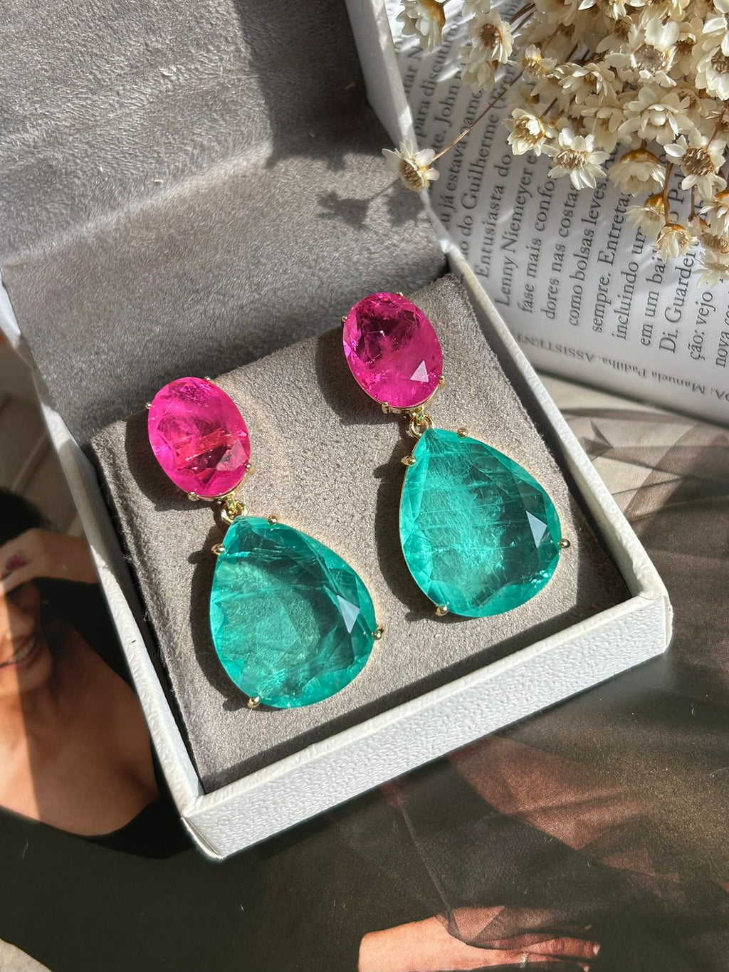 Brinco 2 em 1 Oval e Gota Turmalina e Pink Fusion