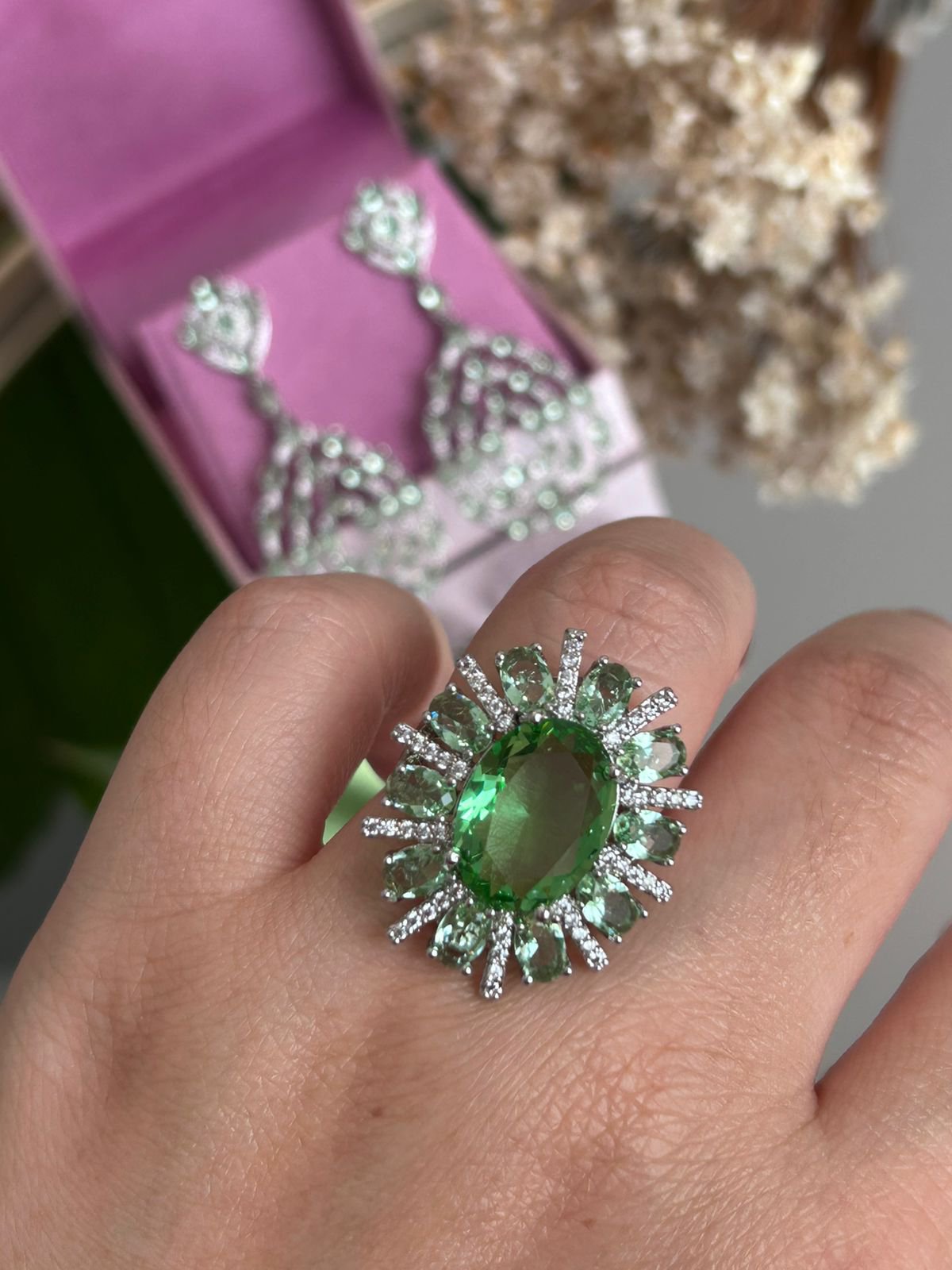 Conjunto Brinco e Anel Verde Menta Prateado