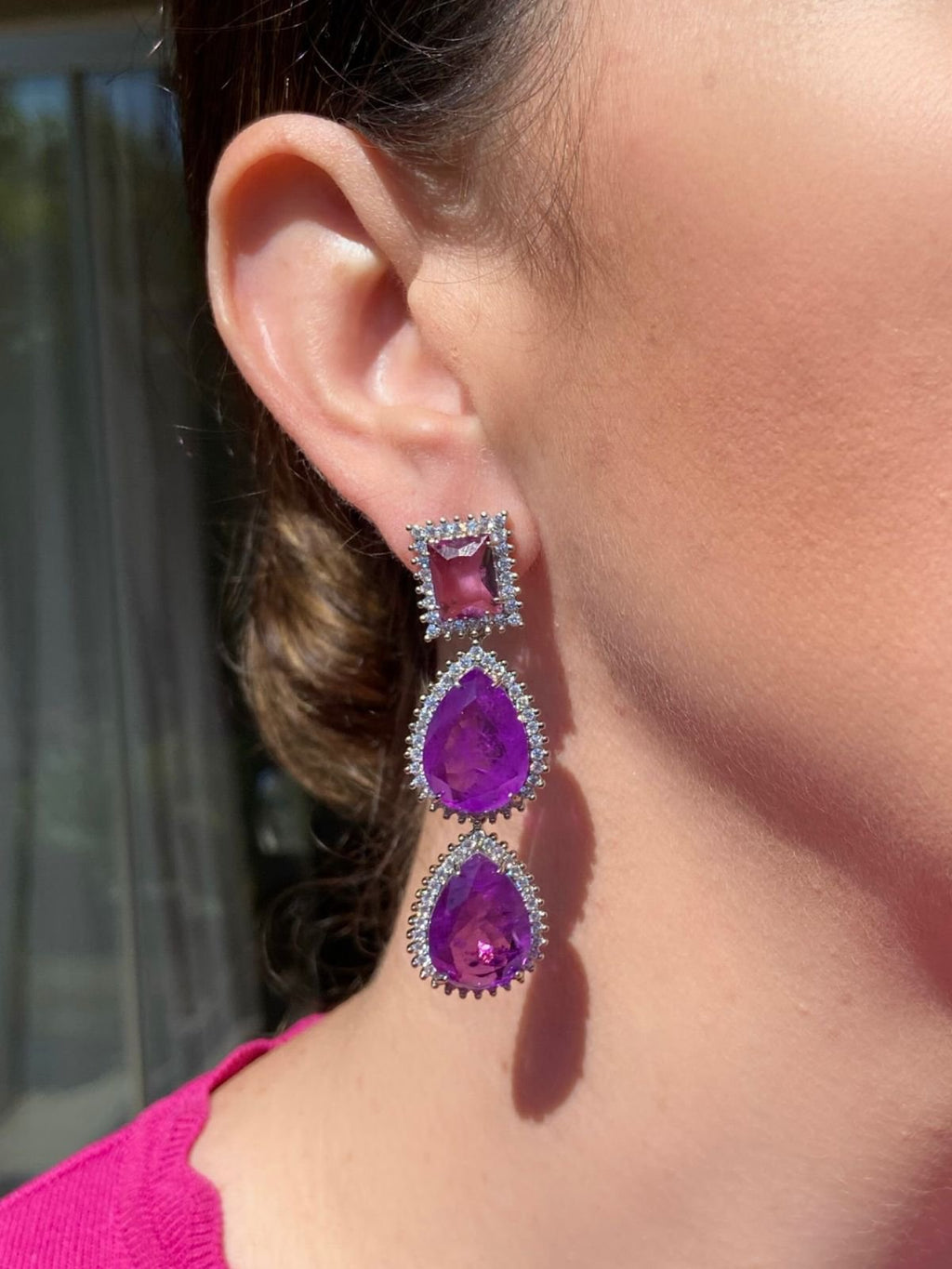 Brinco Ultravioleta Três Pedras Ródio Branco