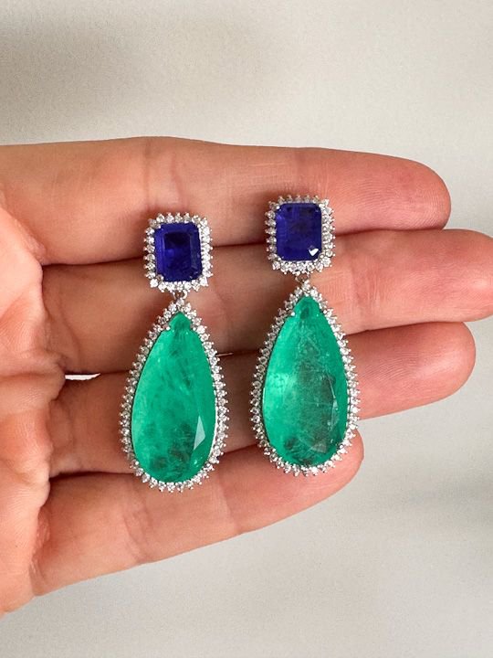 Brinco Luxo Turmalina e Azul Safira Prateado