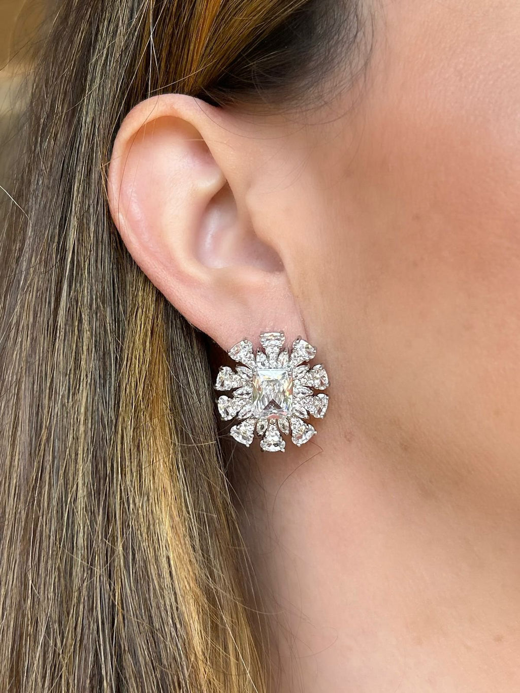 Brinco Raios Cristal Rodio Branco