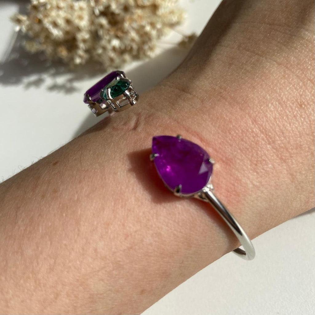 Bracelete 3 Pedras UltraVioleta e Turmalina Ródio Branco