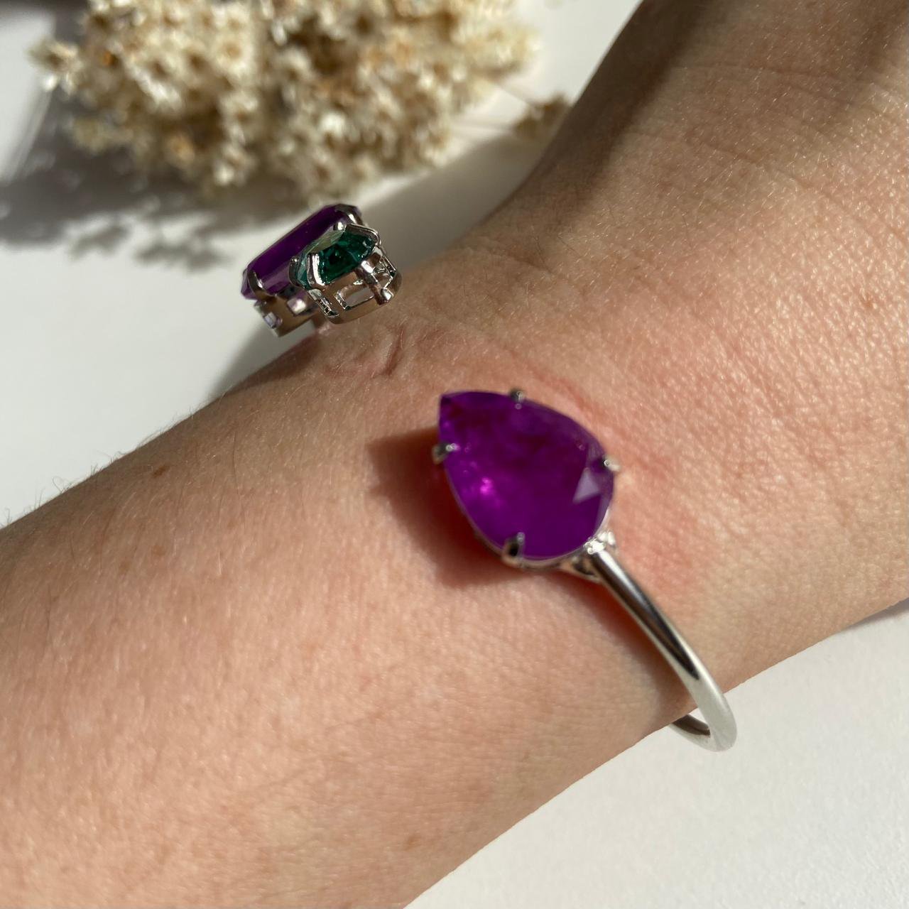 Bracelete 3 Pedras UltraVioleta e Turmalina Ródio Branco