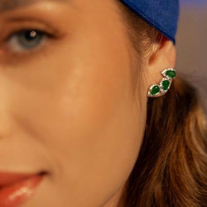 Brinco Earcuff Luna Verde Esmeralda Prateado