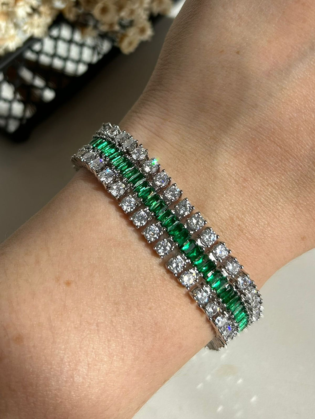 Pulseira Três Fileiras Verde Esmeralda