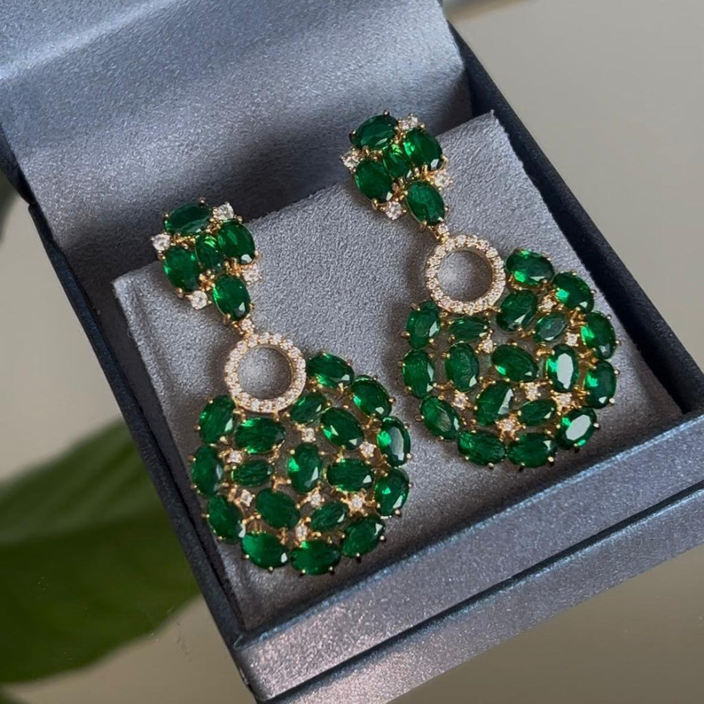 Brinco Luxo Oval Verde Esmeralda Dourado