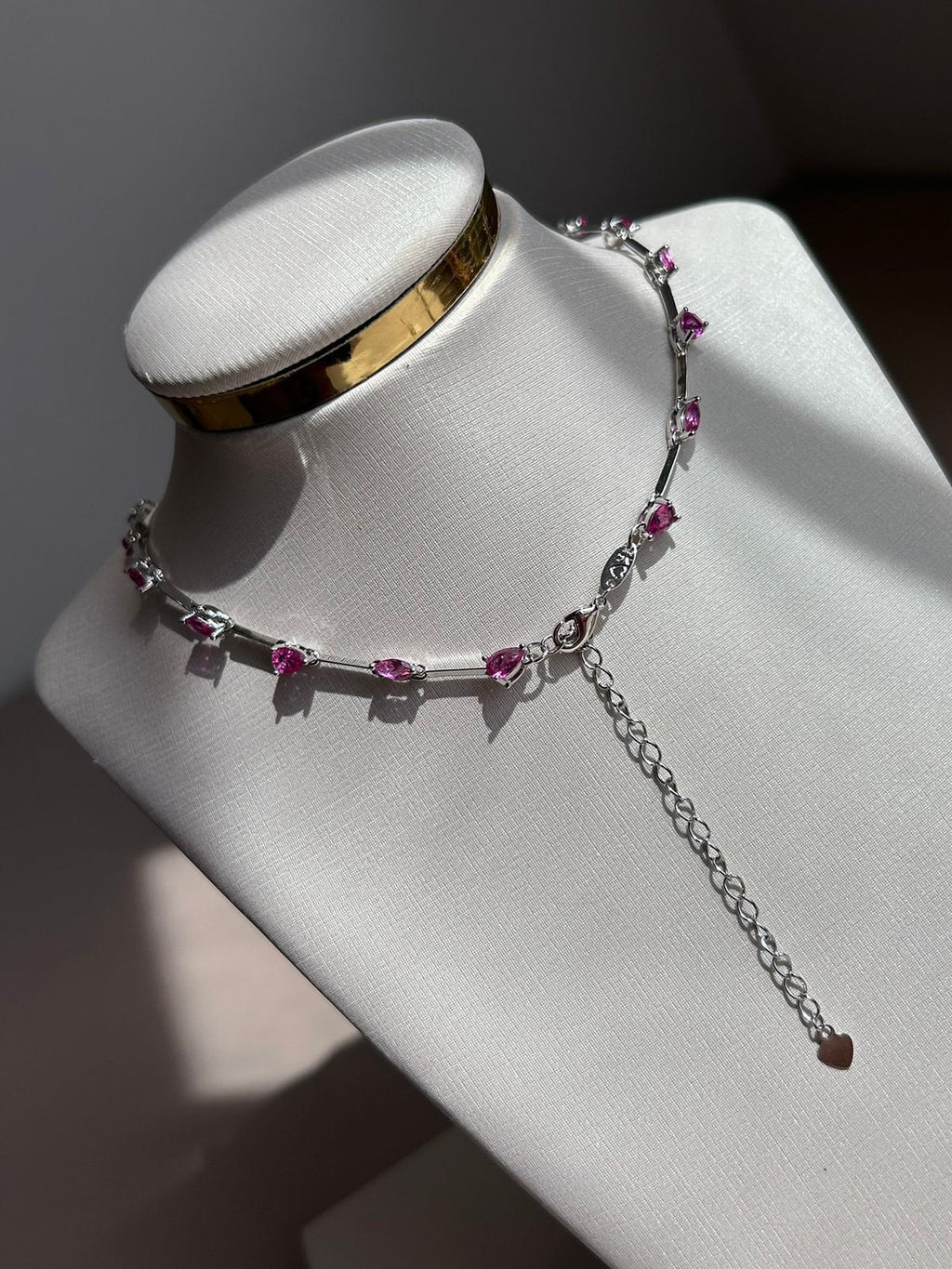 Colar Luxo Gotas Safira Rosa/Pink Prateado