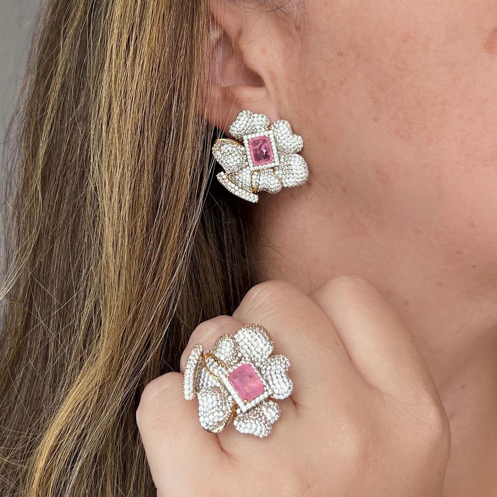 Conjunto Brinco e Anel Flor Ligth Pink Fusion