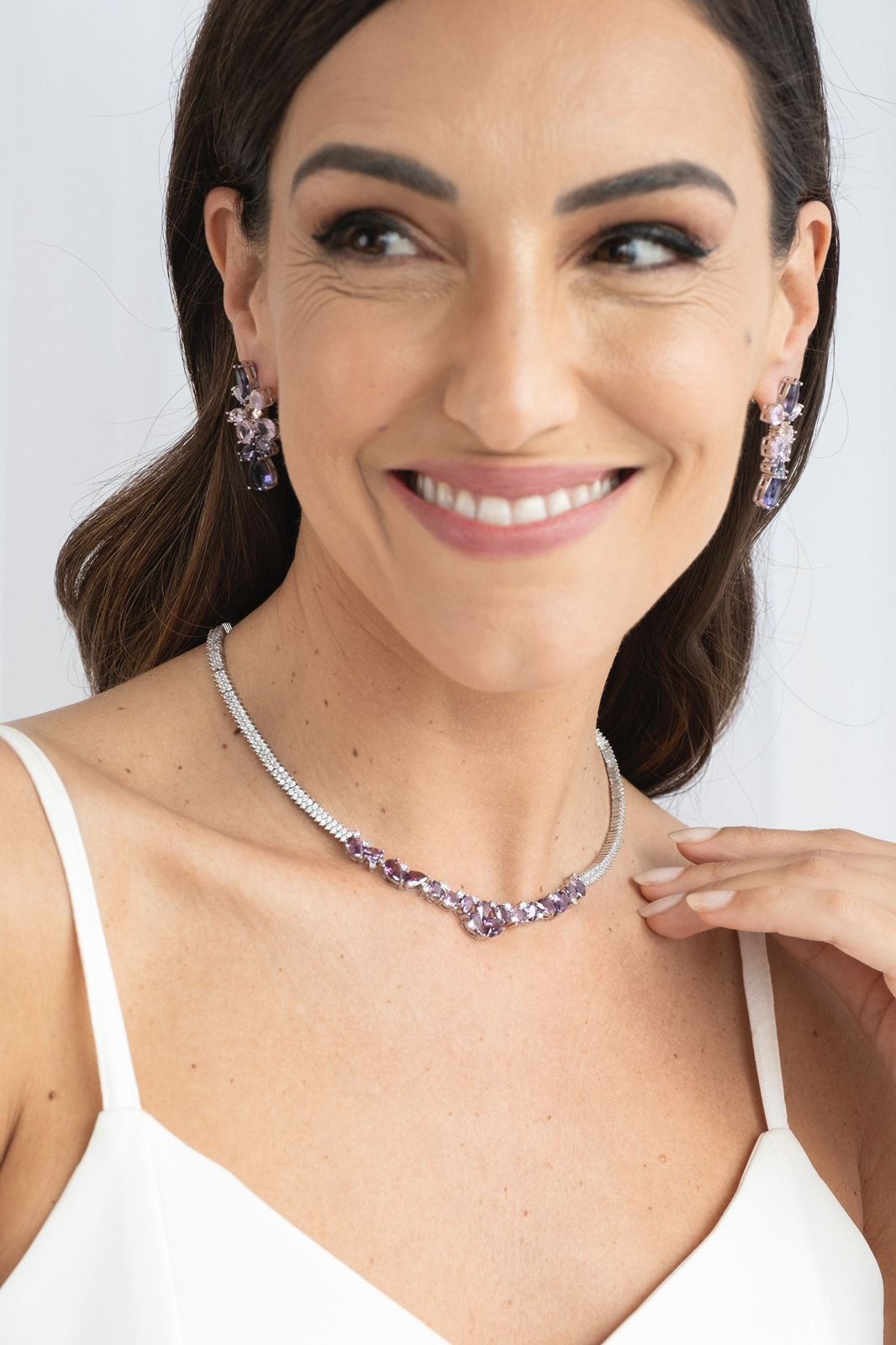 Brinco Pedras Navetes Ametista e Kunzita Prateado