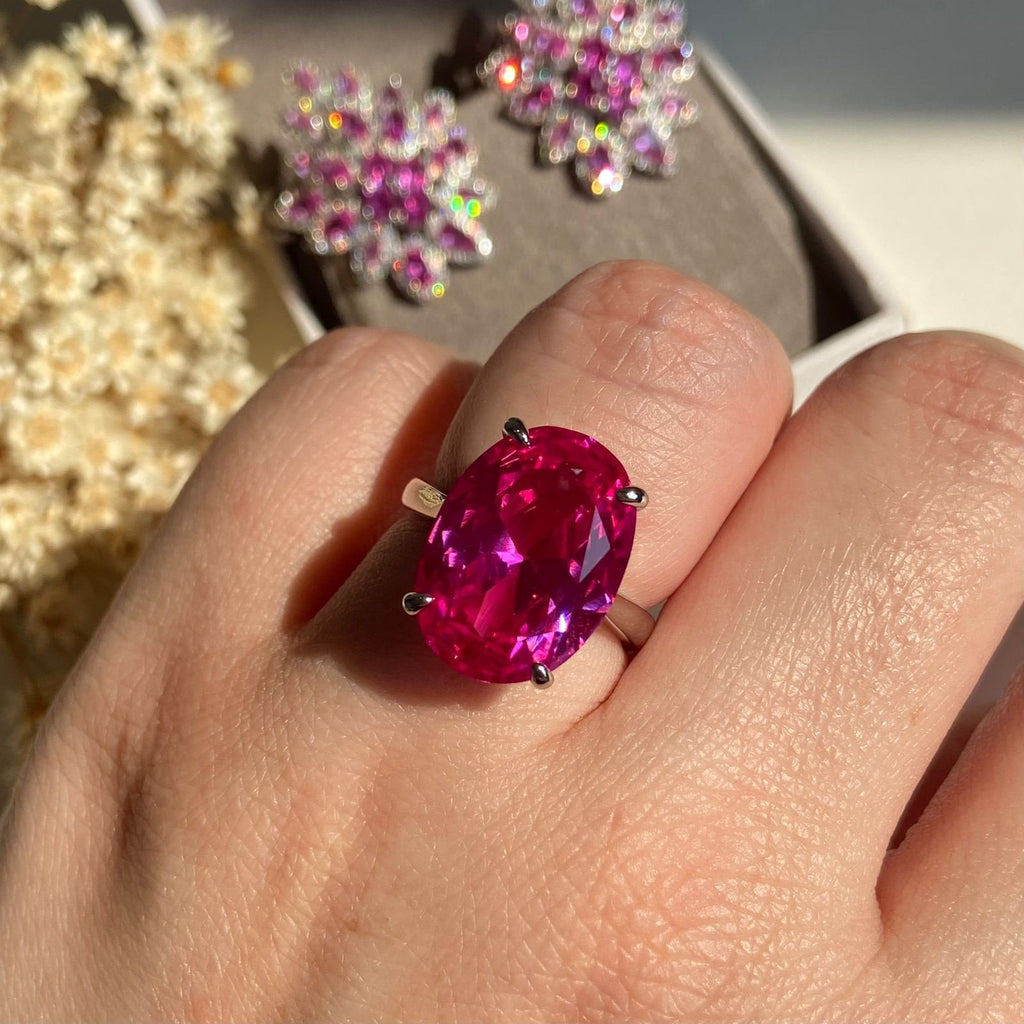 Anel Pedra Oval Safira Rosa/Pink Ajustável