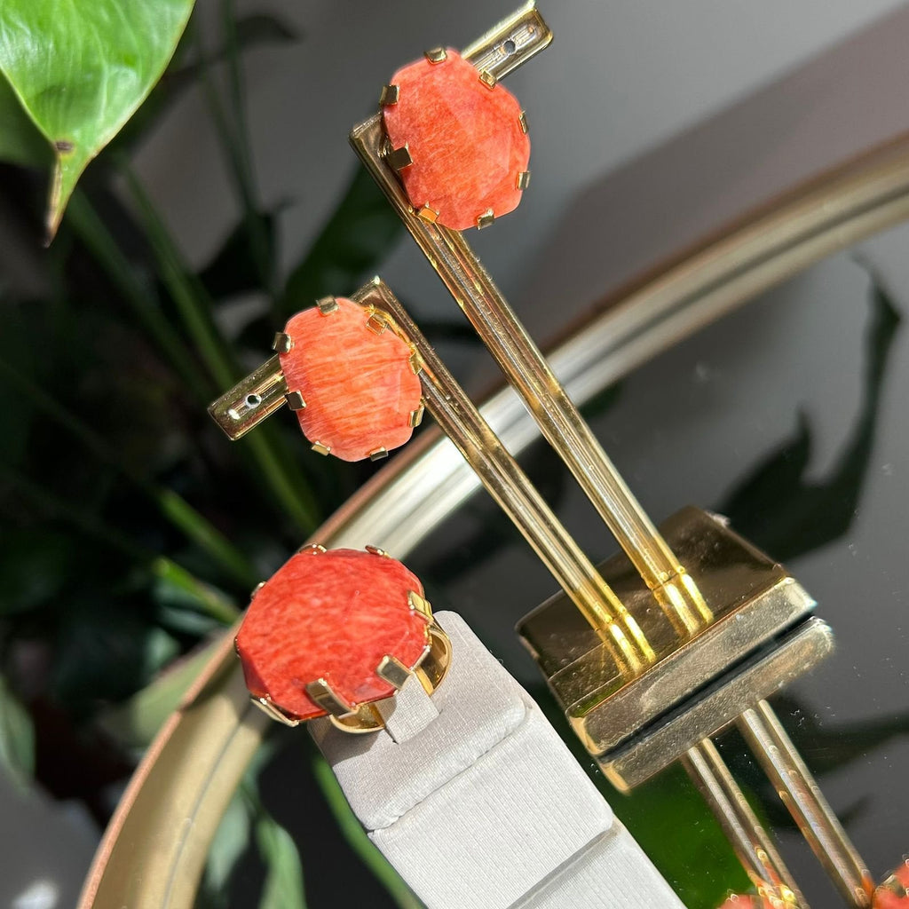 Conjunto Brinco e Anel Pedra Natural Feldspato