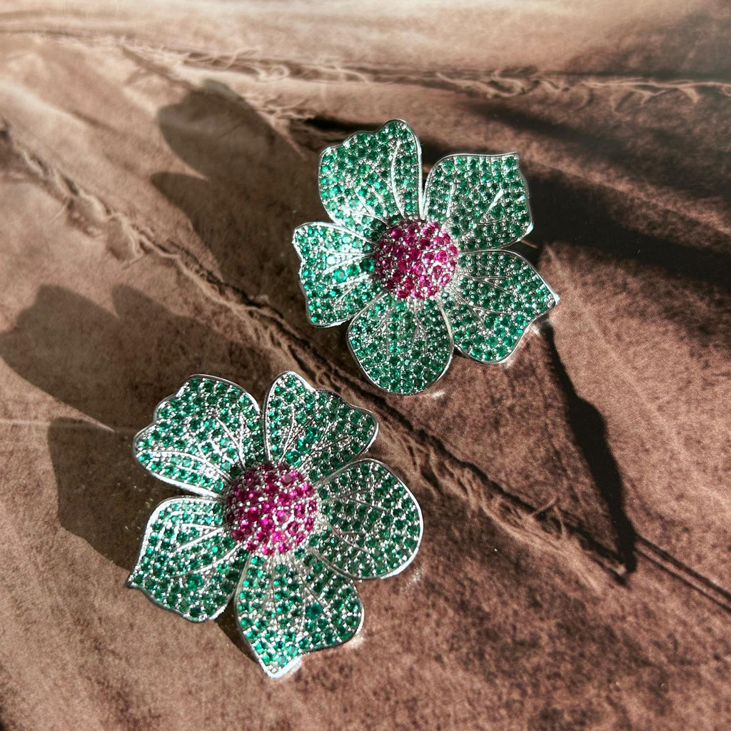 Brinco Maxi Flor Verde e Safira Rosa
