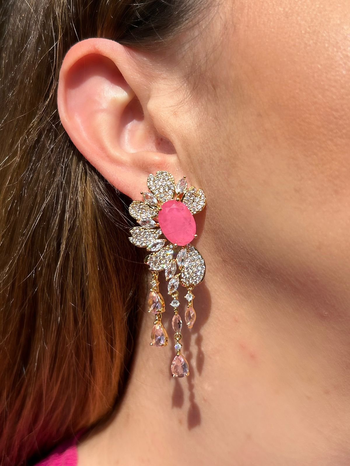 Brinco Luxo Flor Franjas Ligth Pink Ouro