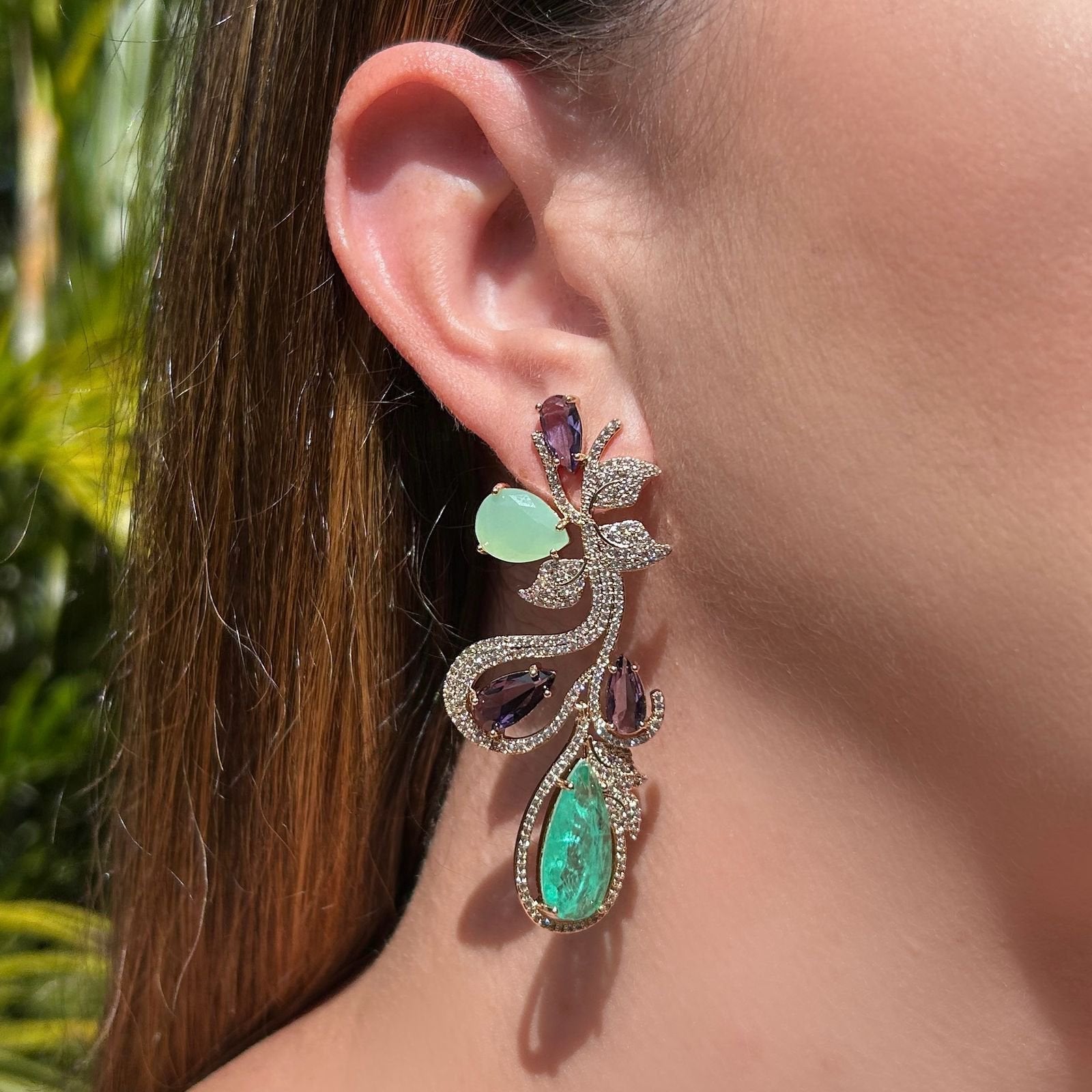 Conjunto Brinco e Anel Luxo Turmalina e Ametista