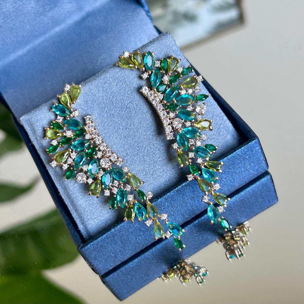 Brinco Luxo Cascata Turmalina, Verde Esmeralda e Verde Peridoto