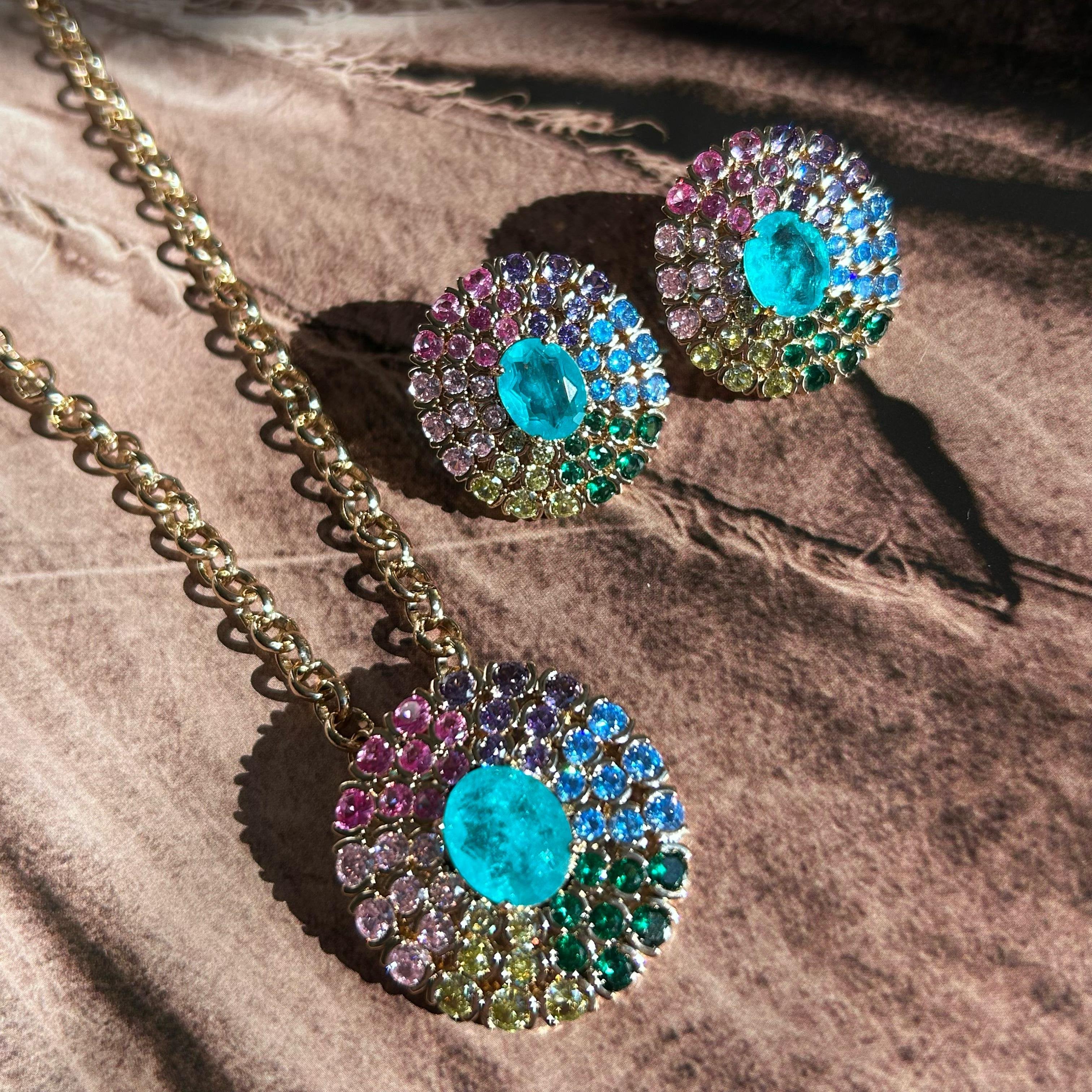 Conjunto Brinco e Colar Oval Colorido