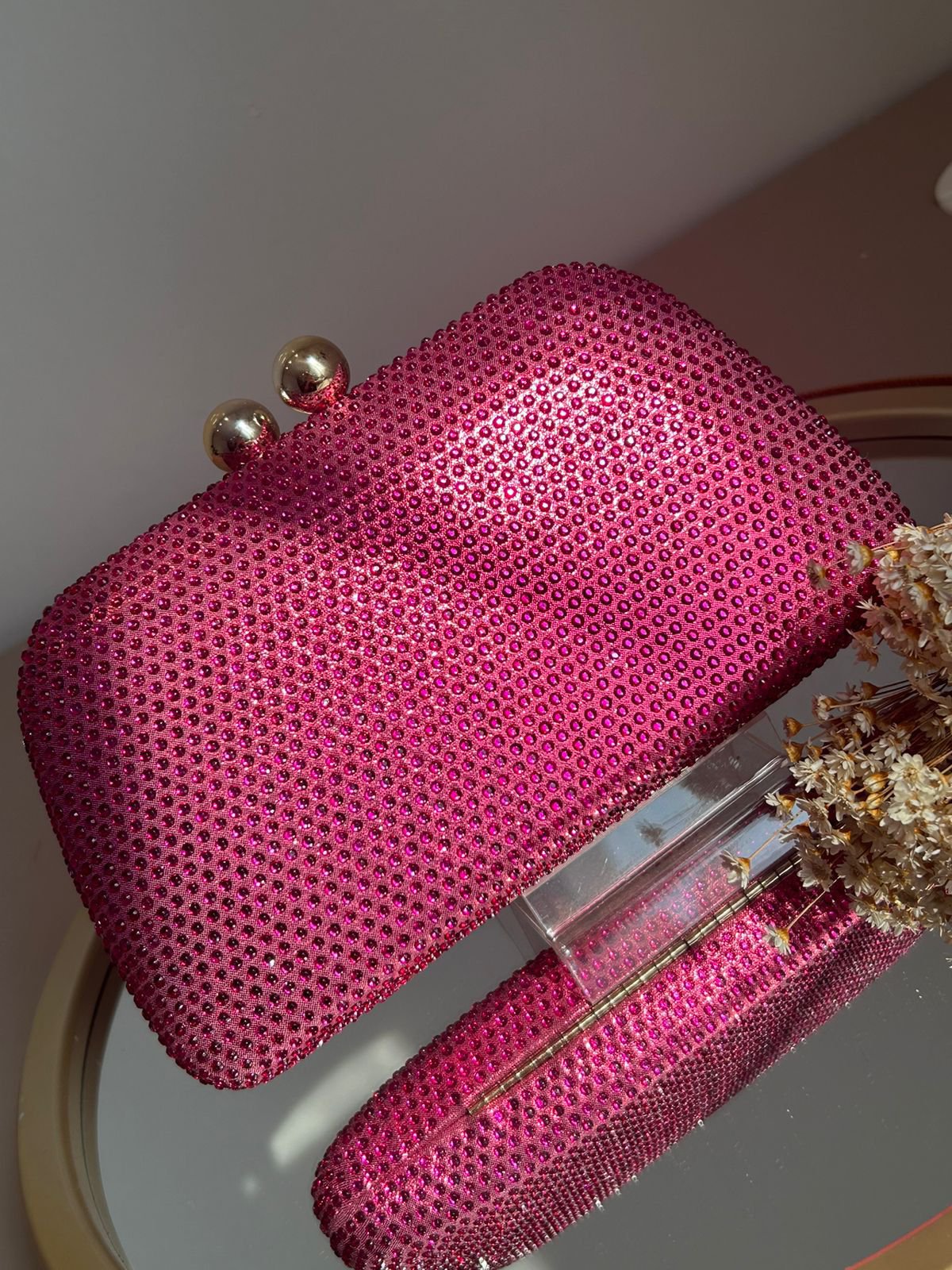 Clutch Cristais Pink Fecho Esferas Douradas