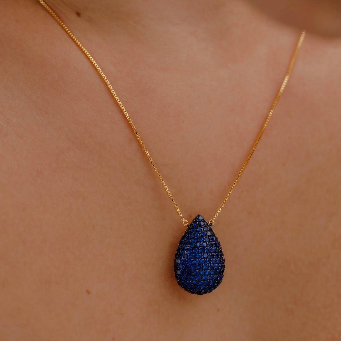 Colar Gota Azul Safira Dourado