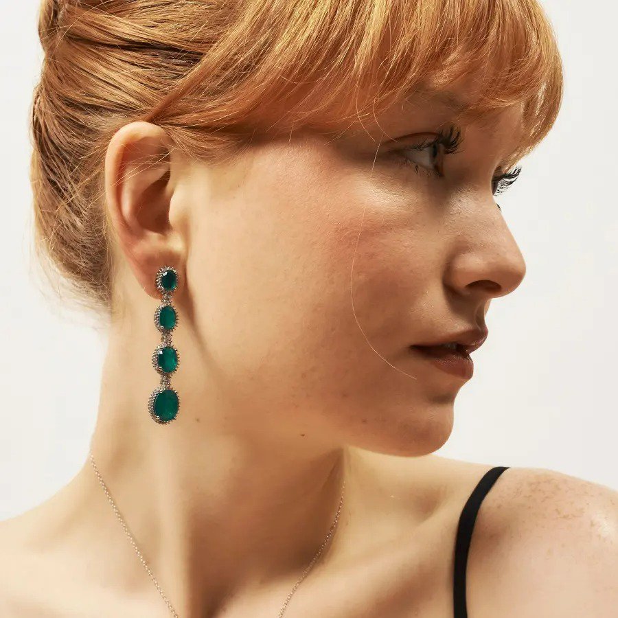 Brinco Luxo Pedras Ovais Verde Esmeralda