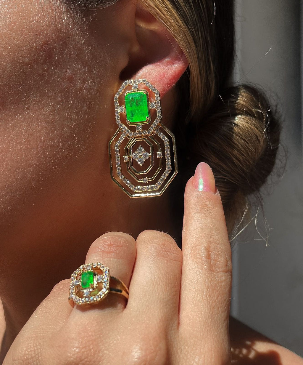 Conjunto Brinco e Anel Square Verde Banho Ouro