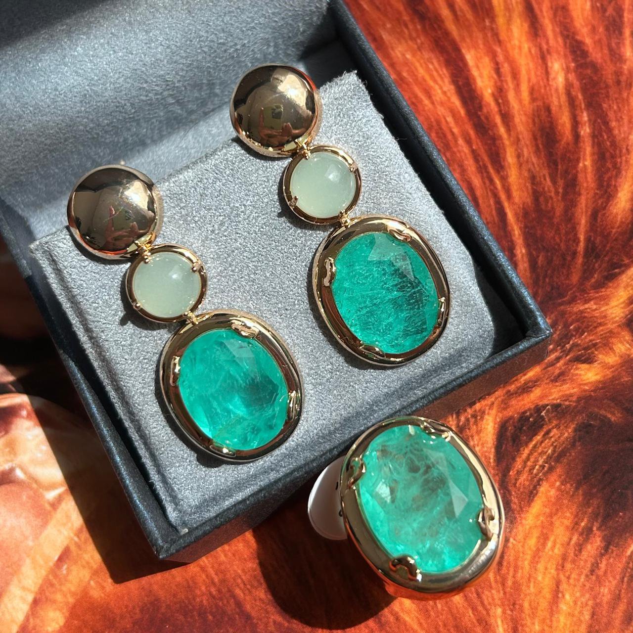 Conjunto Brinco e Anel Turmalina Pedra Cabochão Verde Menta