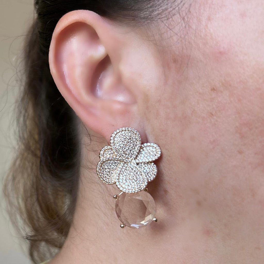 Conjunto Brinco e Anel Flor Cravejada Prateado