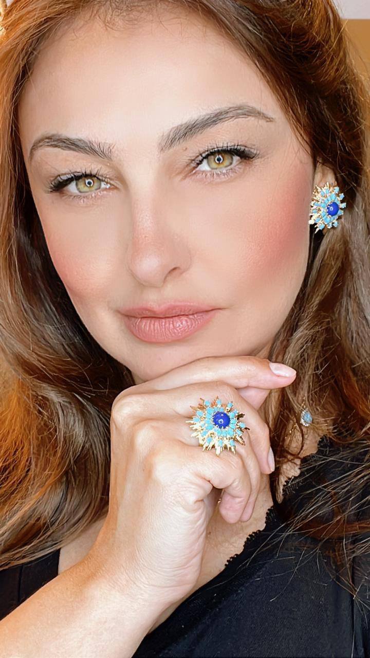 Conjunto Brinco e Anel Raios Azul Turquesa Dourado