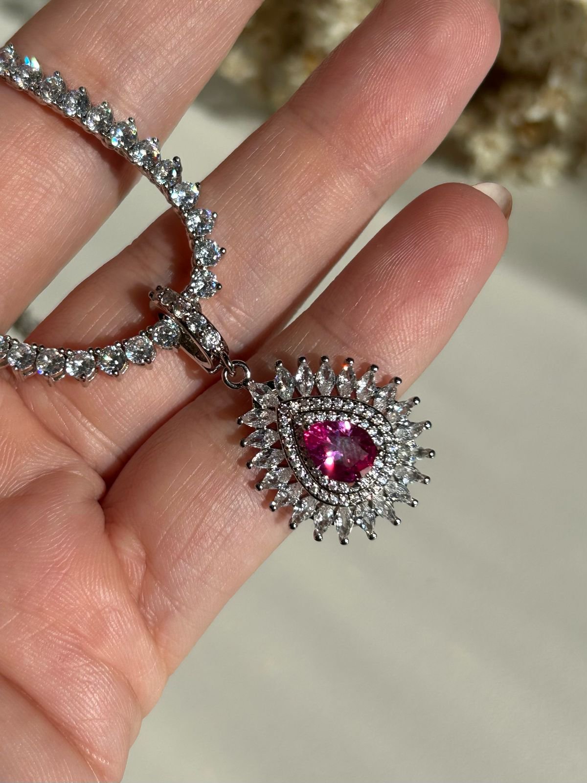 Pingente Safira Rosa/Pink Ródio Branco