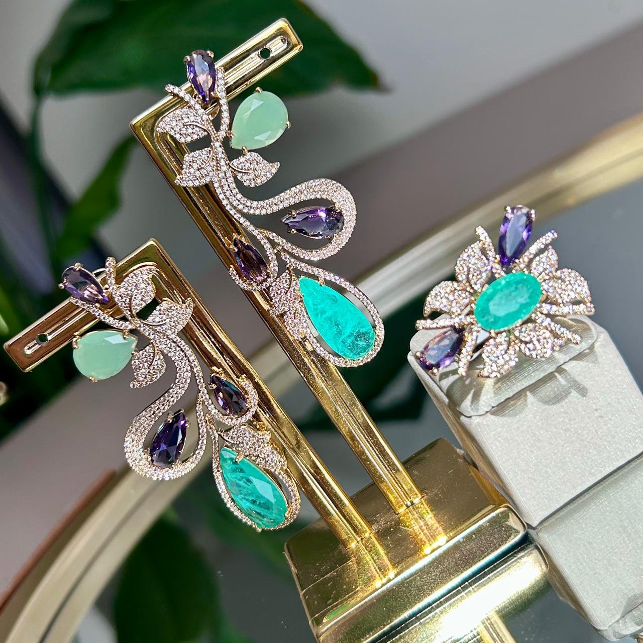 Conjunto Brinco e Anel Luxo Turmalina e Ametista