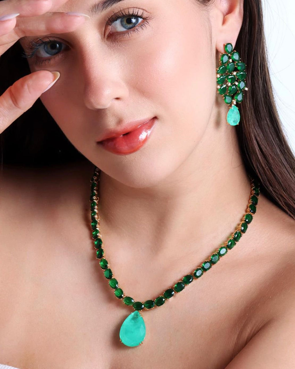 Conjunto Brinco e Colar Verde Esmeralda e Turmalina