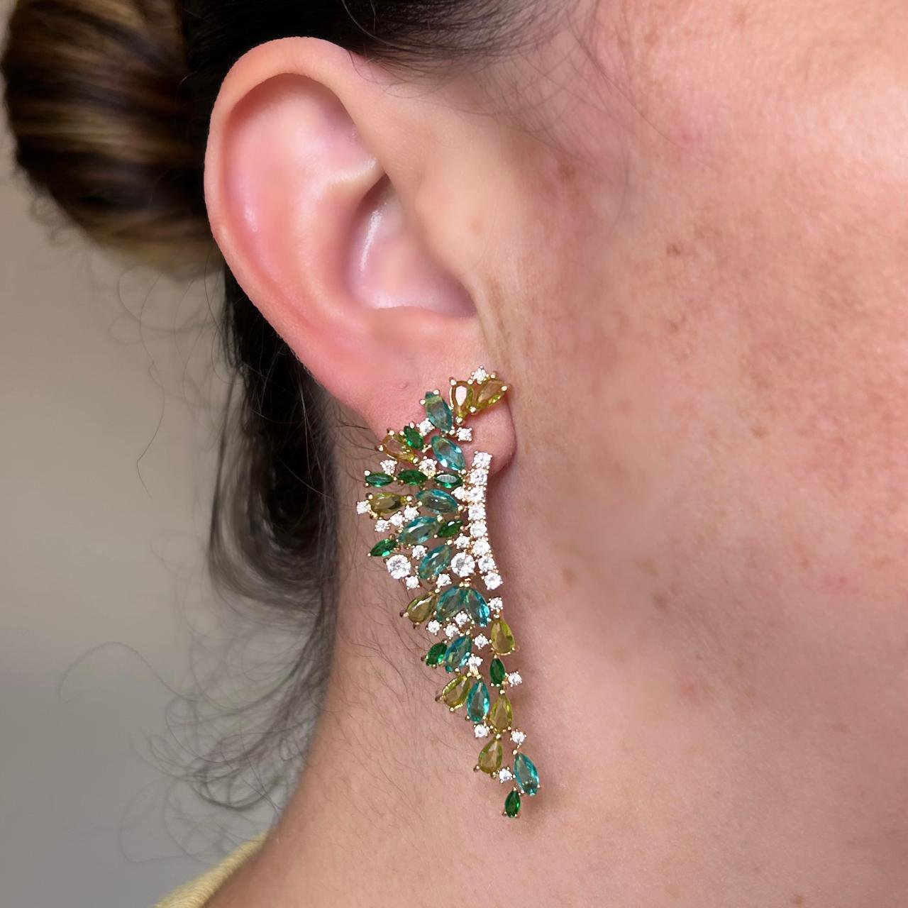 Brinco Luxo Cascata Turmalina, Verde Esmeralda e Verde Peridoto