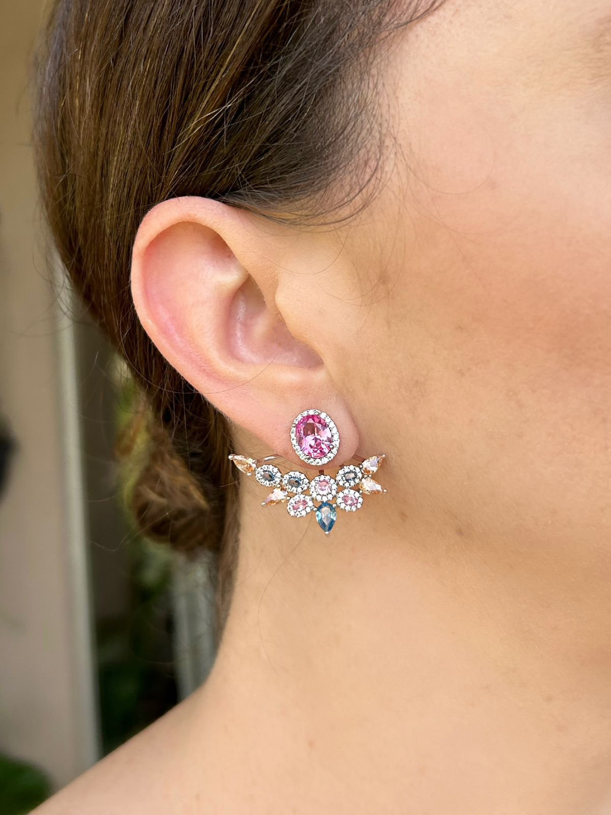 Brinco Ear Jacket Colorido Ródio Branco