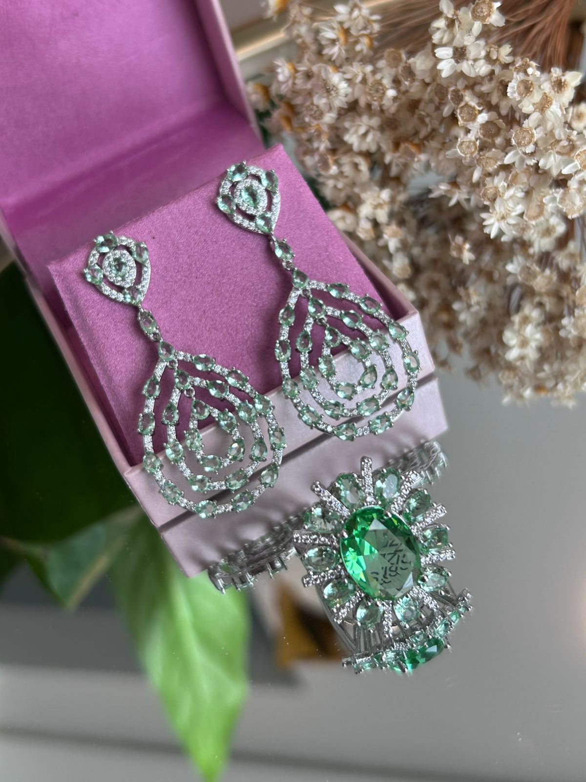 Conjunto Brinco e Anel Verde Menta Prateado