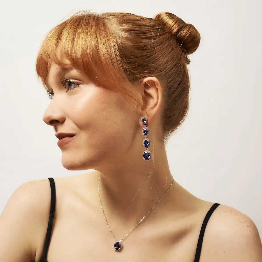 Brinco Luxo Pedras Ovais Azul Safira