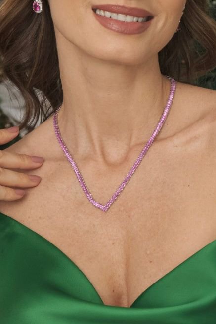 Colar Riviera Baguetes Safira Rosa/Pink