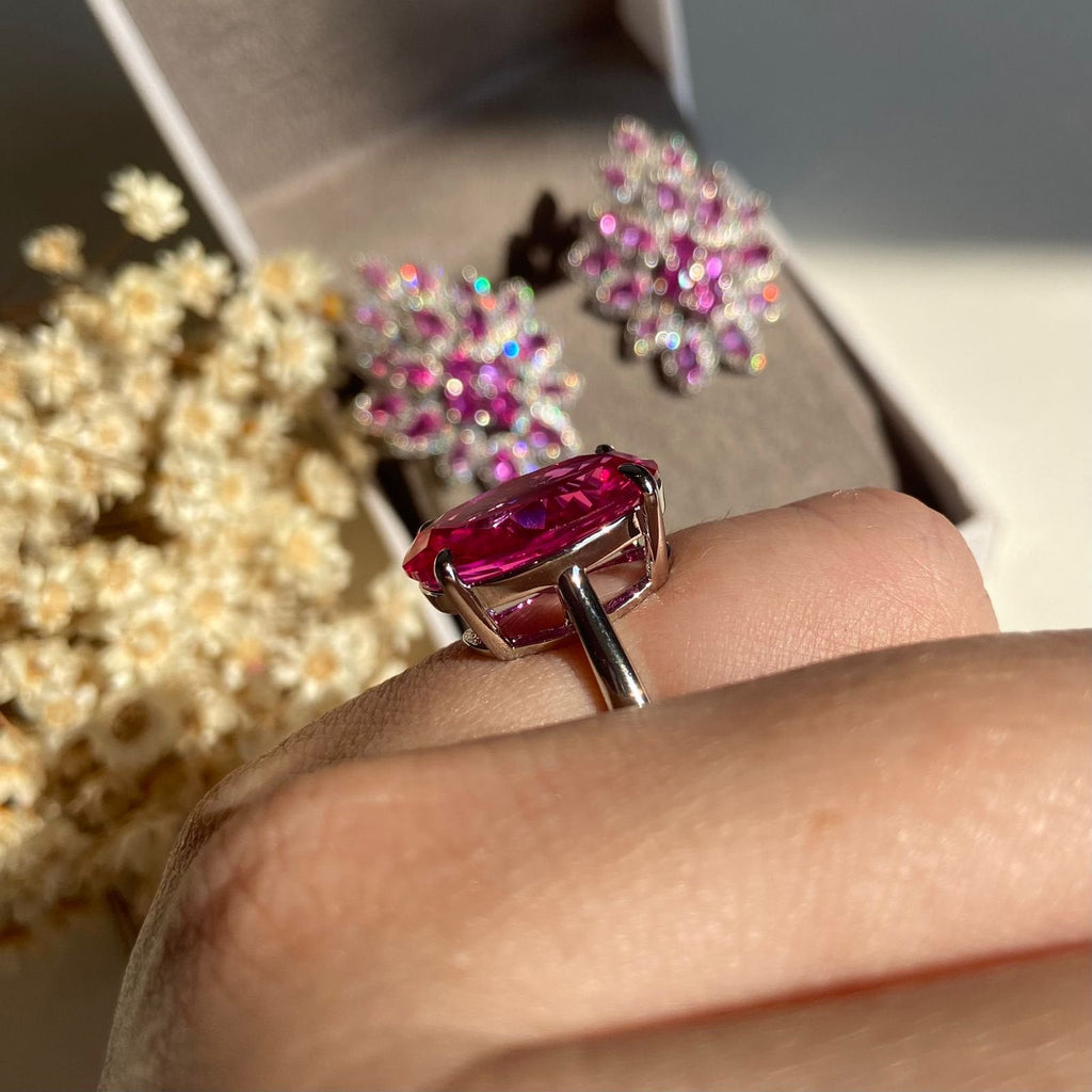 Anel Pedra Oval Safira Rosa/Pink Ajustável