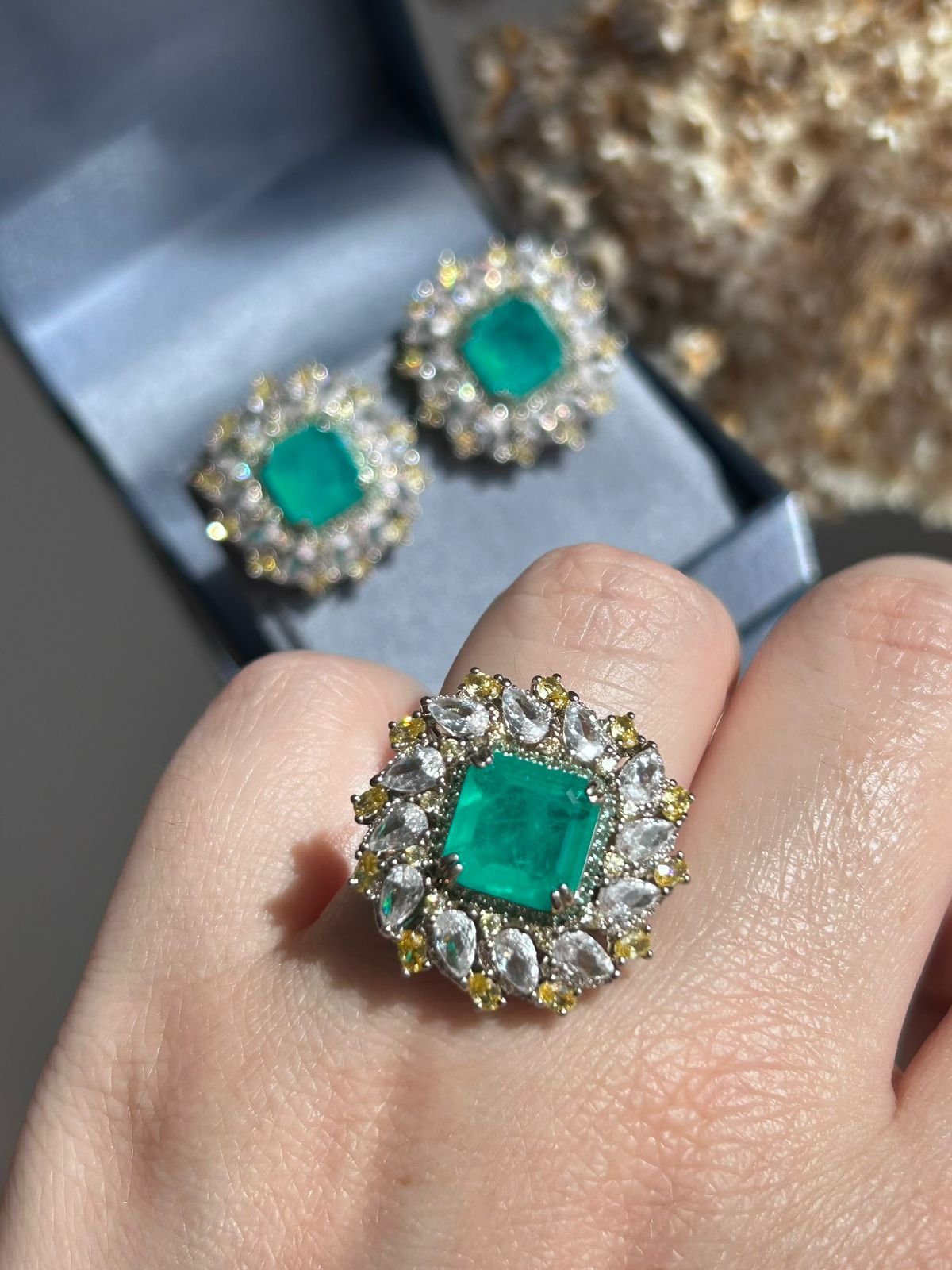 Conjunto Brinco E Anel Turmalina com Detalhes Fancy Yellow