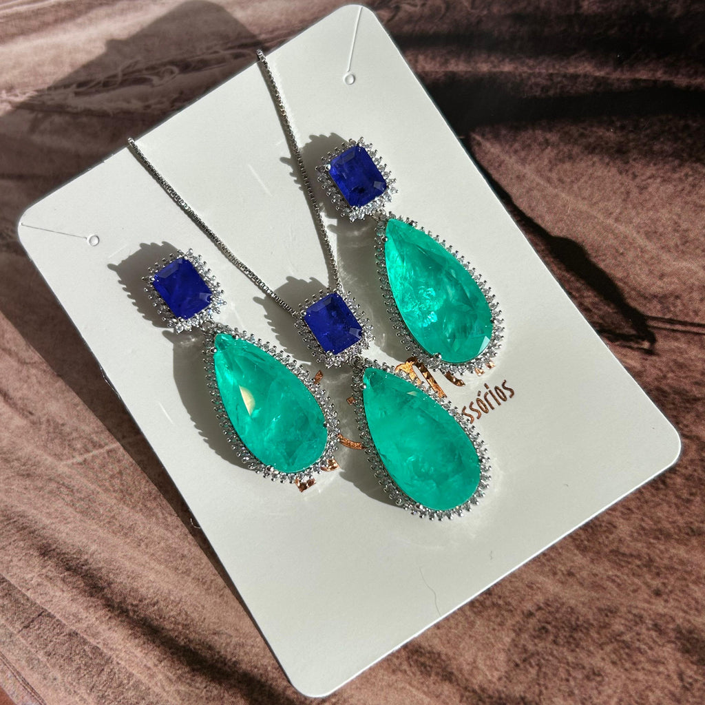 Brinco Luxo Turmalina e Azul Safira Prateado