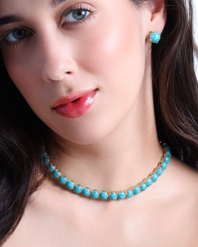Conjunto Brinco e Colar Turquesa Dourado