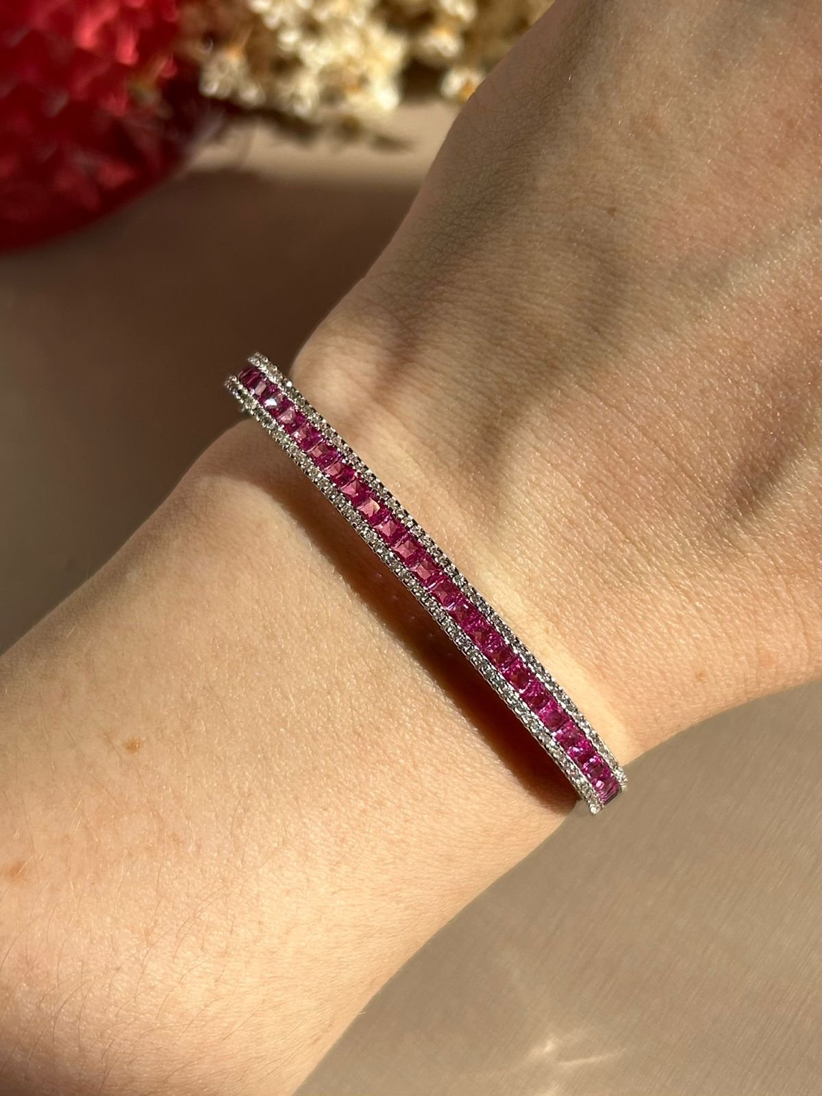 Bracelete Ródio Branco Safira Rosa Pink Fecho Click