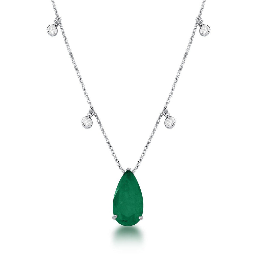 Colar Gota Verde Esmeralda e Zirconia Rodio Branco