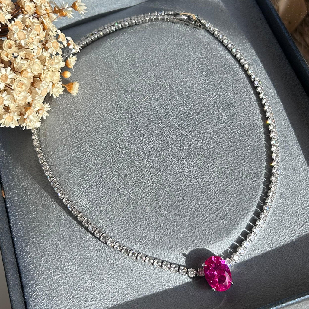 Colar Riviera Pedra Oval Safira Rosa