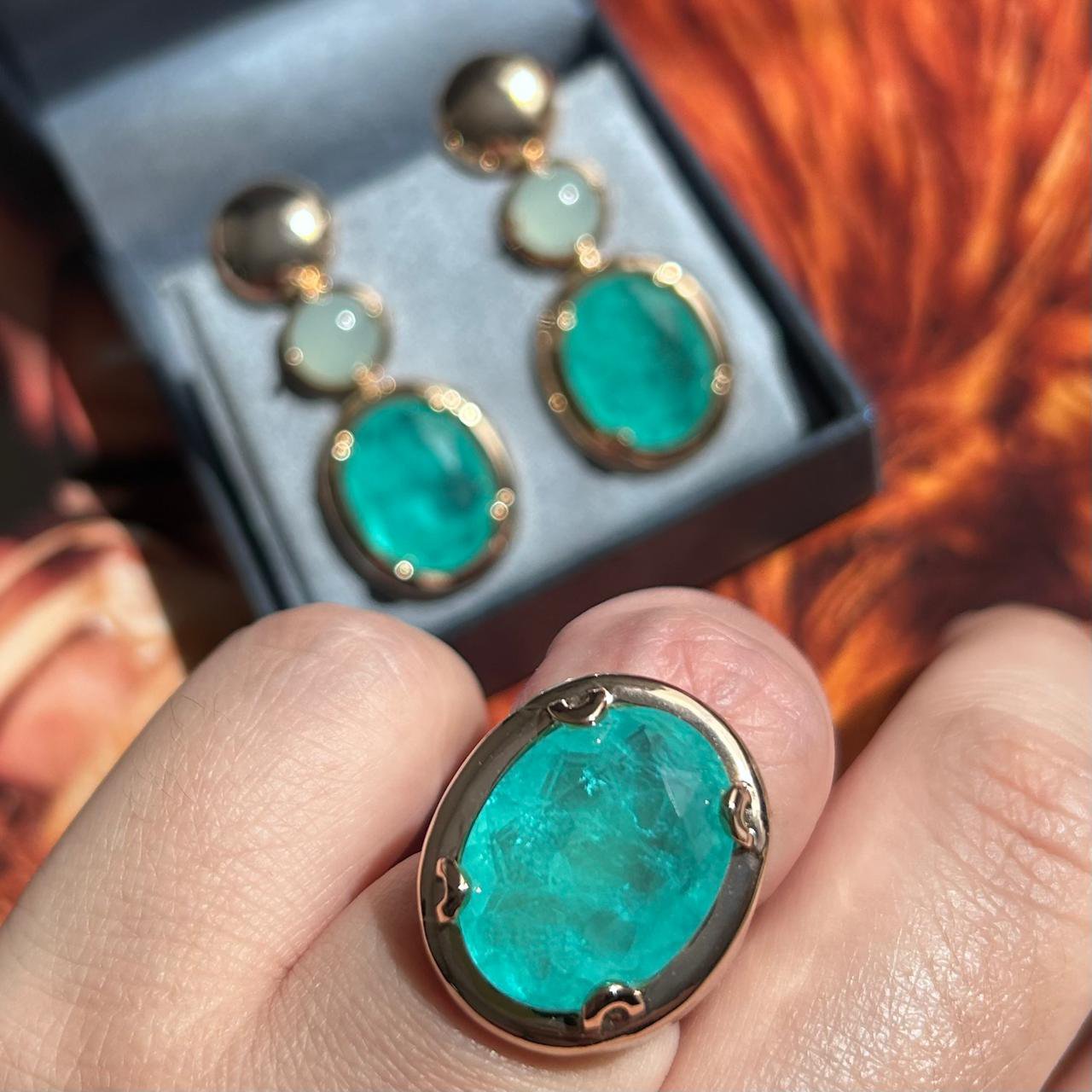 Conjunto Brinco e Anel Turmalina Pedra Cabochão Verde Menta