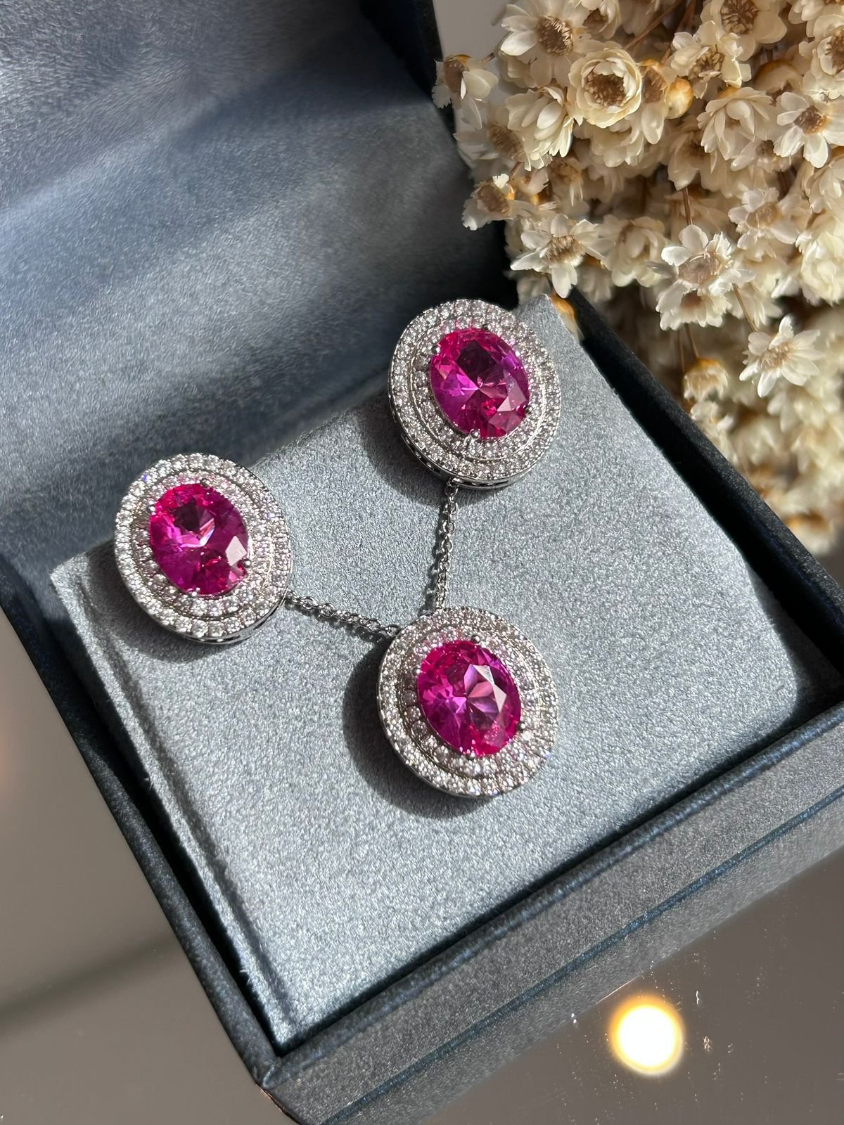 Conjunto Brinco e Colar Oval Safira Rosa/Pink Prateado